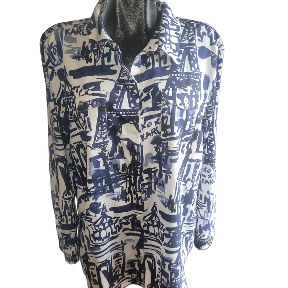 Karl Lagerfeld Blue and White Abstract Paris Button Front Shirt L - Picture 1 of 7